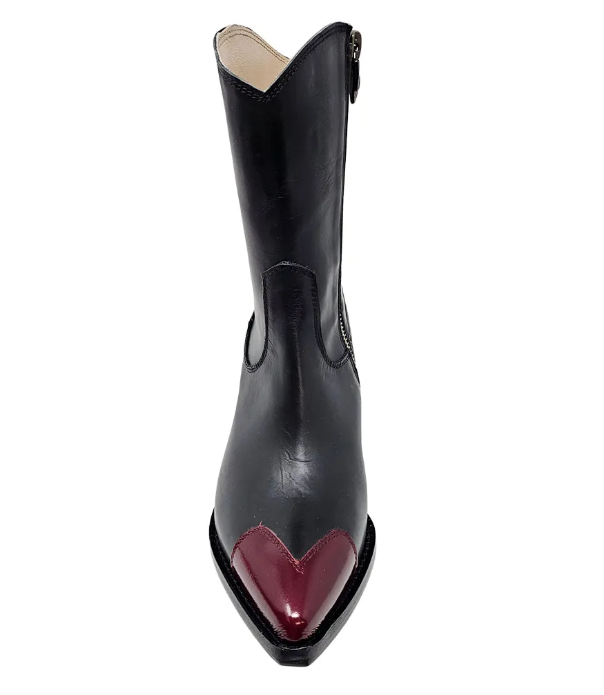 Black/Red Heart Toe Ankle Boot