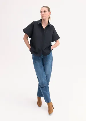 Boxy Short Sleeve Shirt in Cotton Poplin - Black