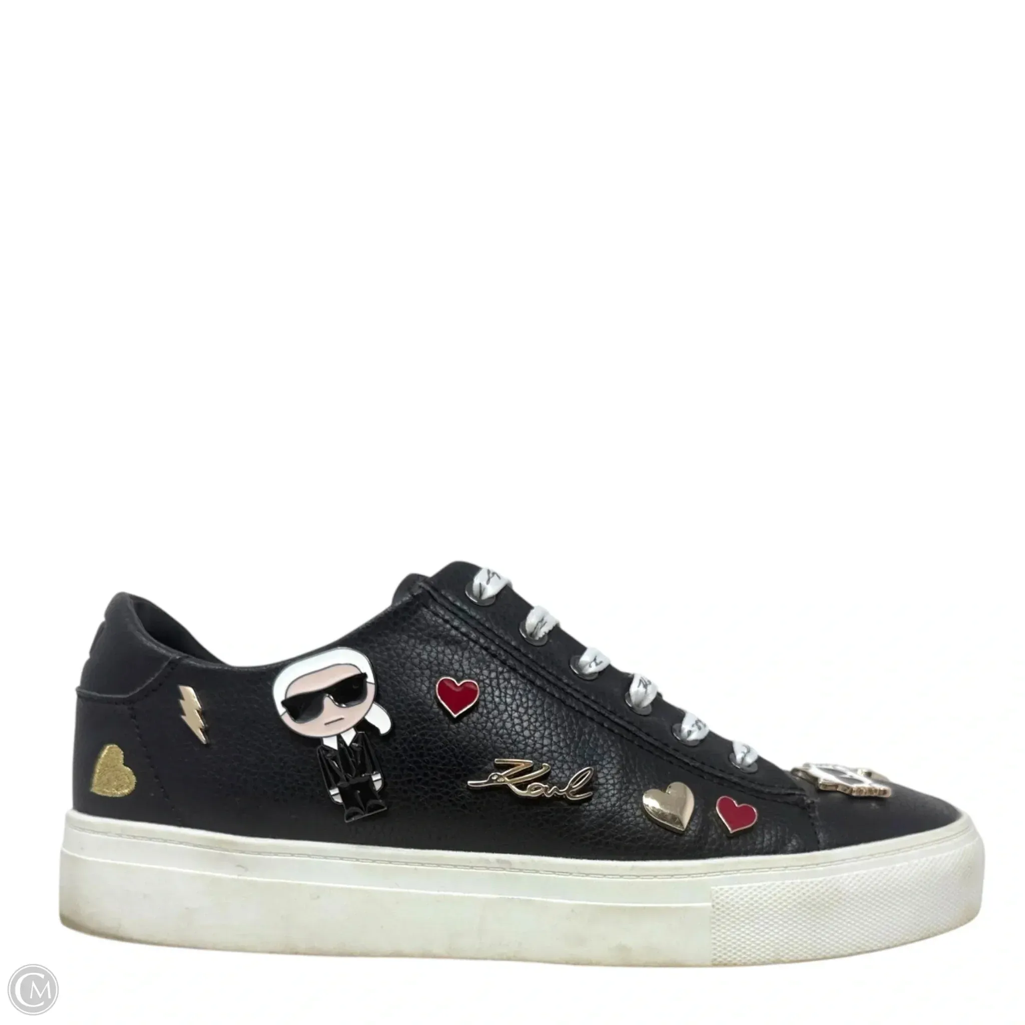 Cate Pins Lace Up Sneakers Designer By Karl Lagerfeld In Black & White, Size: 9