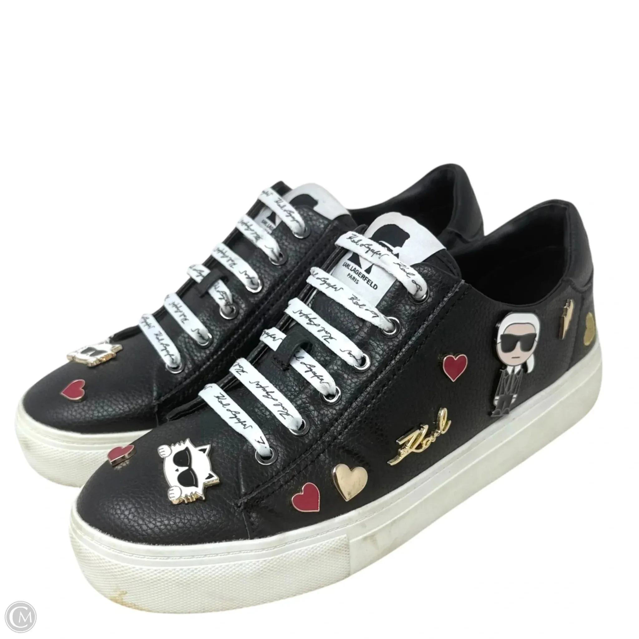 Cate Pins Lace Up Sneakers Designer By Karl Lagerfeld In Black & White, Size: 9